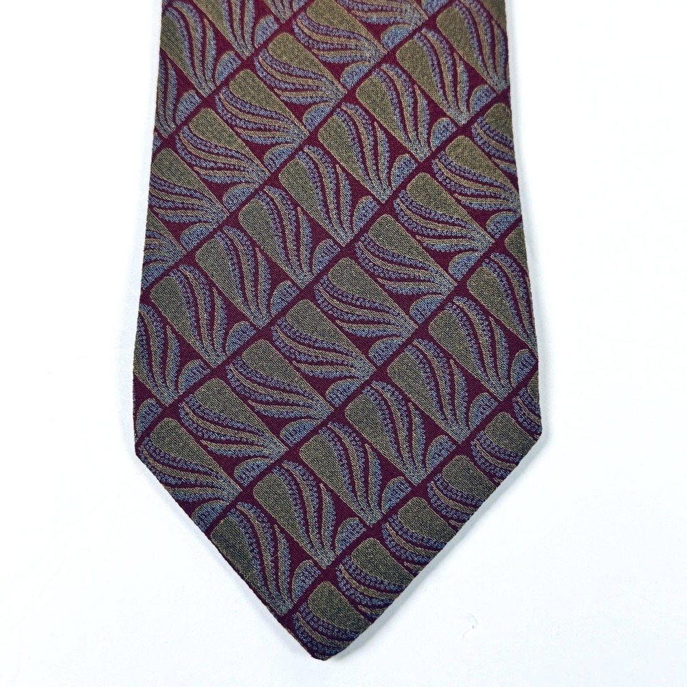 Barneys New York Silk Tie Burgundy Olive Geometric Vintage Italy Designer